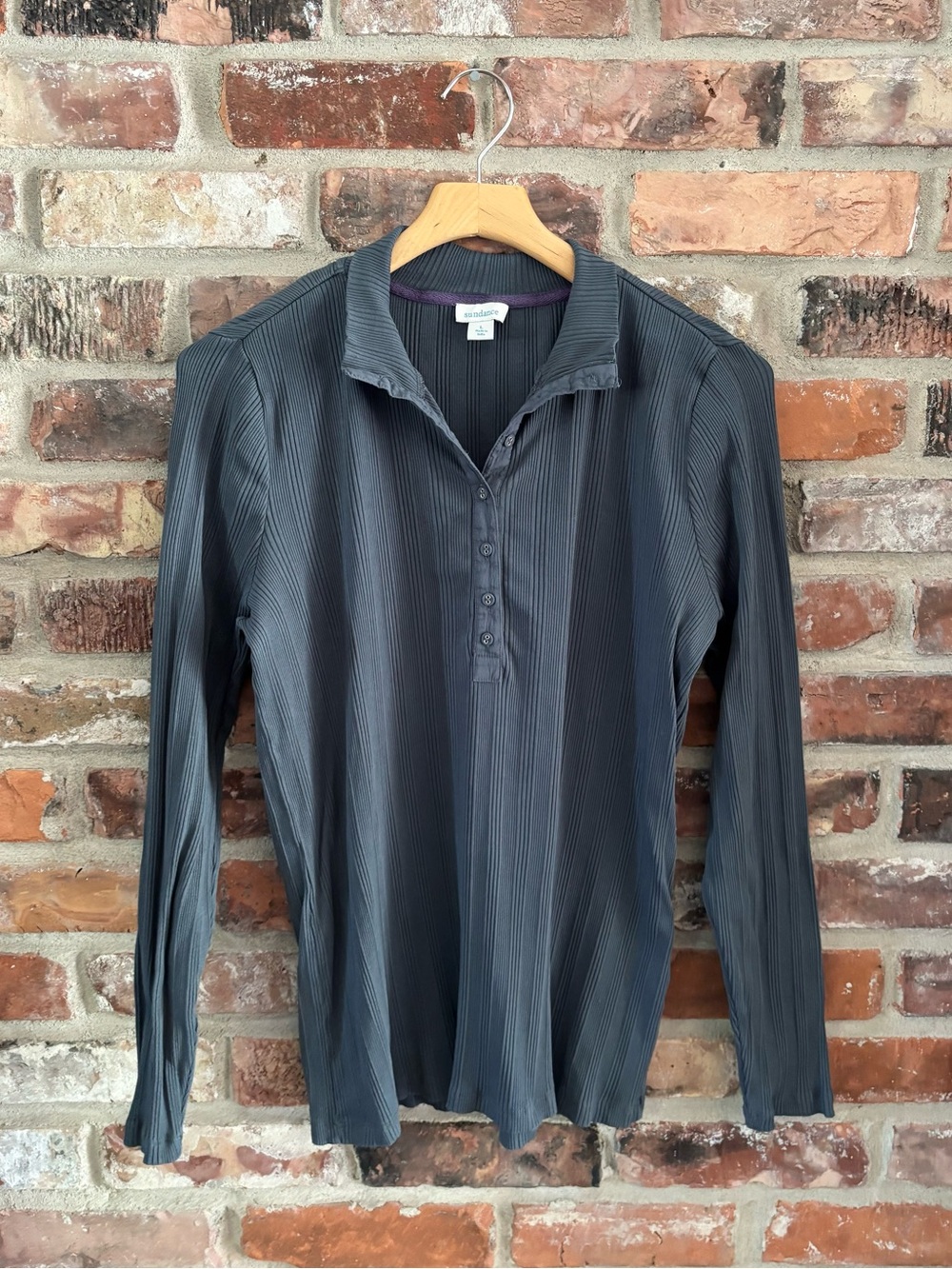 Sundance Blue Gray Ribbed Collared Henley Polo Long Sleeve Shirt Top, L